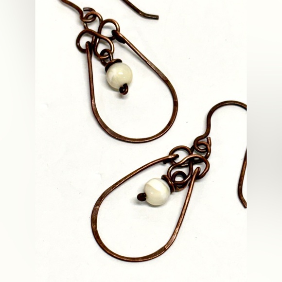 HANDMADE Mother of Pearl Wire Wrapped Copper Dangle Earrings, Gift for Mom Her - Picture 6 of 10